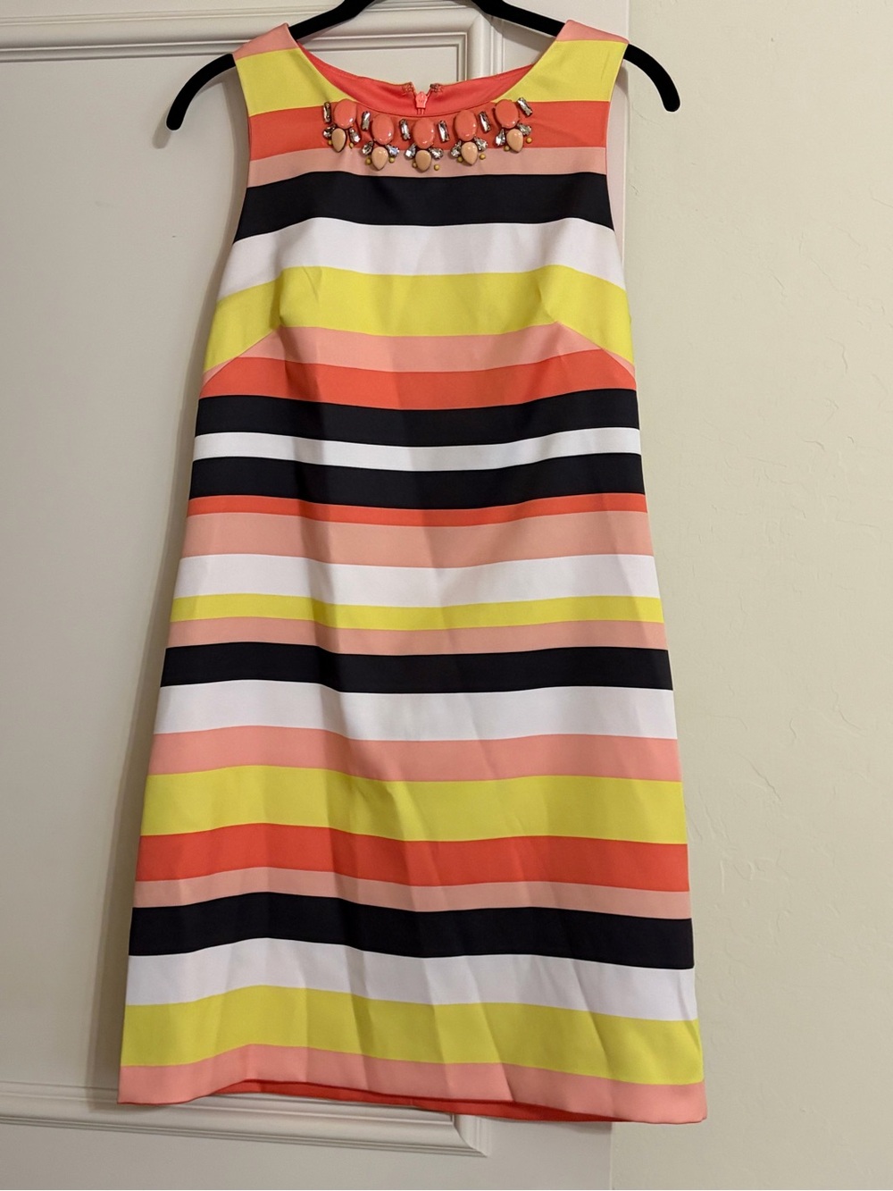 Vince Camuto Jeweled Neckline Striped Shift Dress Size 6 Coral Yellow Black